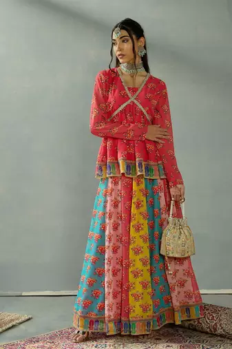 Red Multicolor Georgette Floral Printed Slip-On Long Sleeves Ready to Wear Lehenga Choli