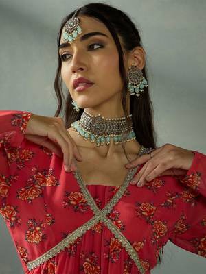 Red Multicolor Georgette Floral Printed Slip-On Long Sleeves Ready to Wear Lehenga Choli 2