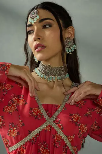 Red Multicolor Georgette Floral Printed Slip-On Long Sleeves Ready to Wear Lehenga Choli