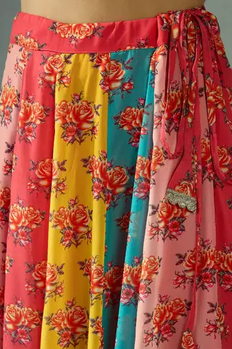 Red Multicolor Georgette Floral Printed Slip-On Long Sleeves Ready to Wear Lehenga Choli