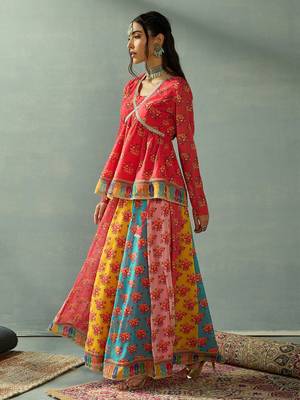Red Multicolor Georgette Floral Printed Slip-On Long Sleeves Ready to Wear Lehenga Choli 4