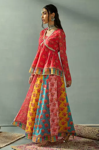 Red Multicolor Georgette Floral Printed Slip-On Long Sleeves Ready to Wear Lehenga Choli