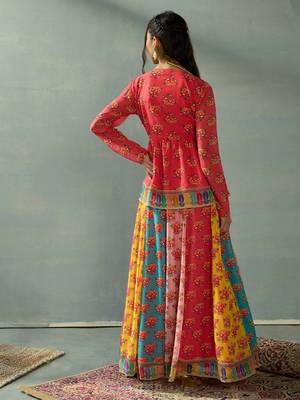 Red Multicolor Georgette Floral Printed Slip-On Long Sleeves Ready to Wear Lehenga Choli 5