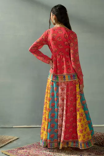 Red Multicolor Georgette Floral Printed Slip-On Long Sleeves Ready to Wear Lehenga Choli