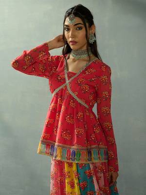 Red Multicolor Georgette Floral Printed Slip-On Long Sleeves Ready to Wear Lehenga Choli 6