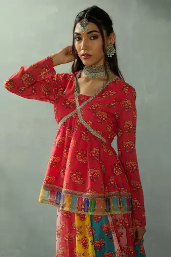 Red Multicolor Georgette Floral Printed Slip-On Long Sleeves Ready to Wear Lehenga Choli