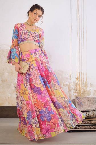 Pink Multicolor Georgette Floral Printed Ready to Wear Lehenga & Blouse