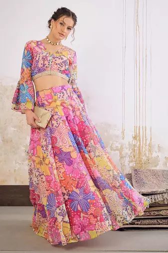 Pink Multicolor Georgette Floral Printed Ready to Wear Lehenga & Blouse