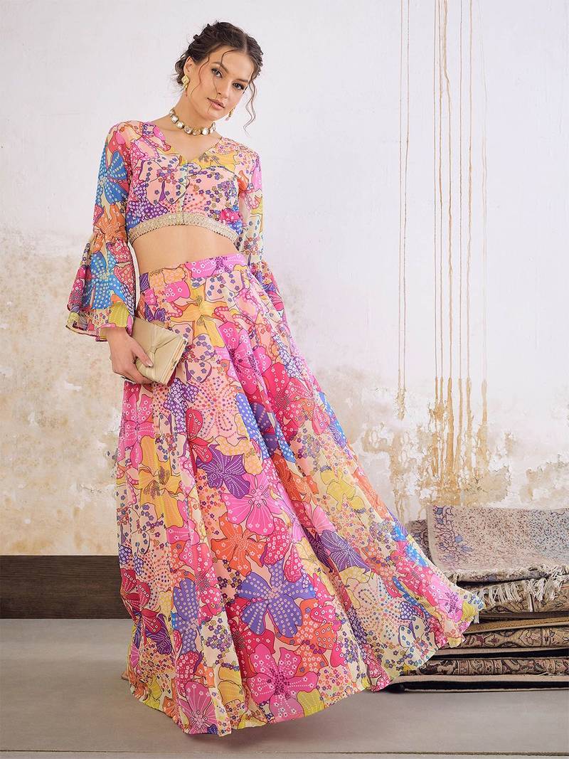 Pink Multicolor Georgette Floral Printed Ready to Wear Lehenga & Blouse