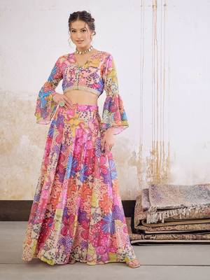 Pink Multicolor Georgette Floral Printed Ready to Wear Lehenga & Blouse 2