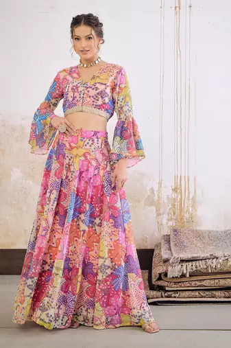 Pink Multicolor Georgette Floral Printed Ready to Wear Lehenga & Blouse