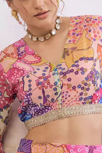 Pink Multicolor Georgette Floral Printed Ready to Wear Lehenga & Blouse