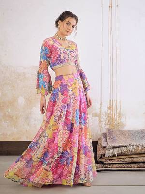 Pink Multicolor Georgette Floral Printed Ready to Wear Lehenga & Blouse 4