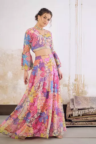 Pink Multicolor Georgette Floral Printed Ready to Wear Lehenga & Blouse
