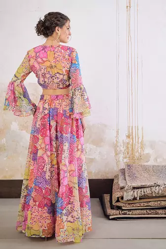 Pink Multicolor Georgette Floral Printed Ready to Wear Lehenga & Blouse