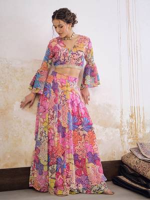 Pink Multicolor Georgette Floral Printed Ready to Wear Lehenga & Blouse 6