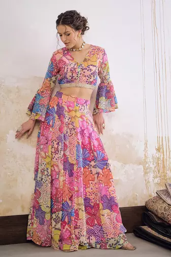 Pink Multicolor Georgette Floral Printed Ready to Wear Lehenga & Blouse