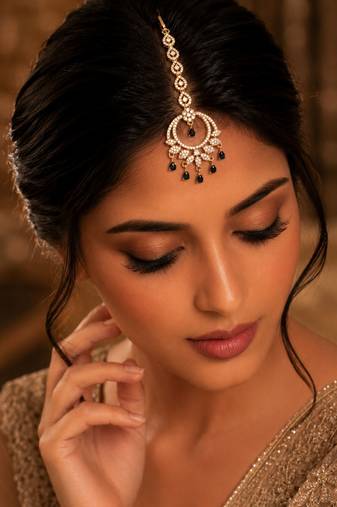 Mehendi gold oxidsed plated blue american diamond maang tikka