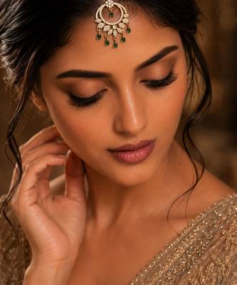 Mehendi gold oxidsed plated green american diamond maang tikka 1