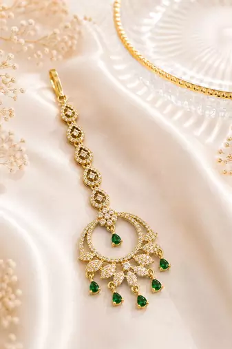 Mehendi gold oxidsed plated green american diamond maang tikka
