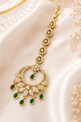 Mehendi gold oxidsed plated green american diamond maang tikka
