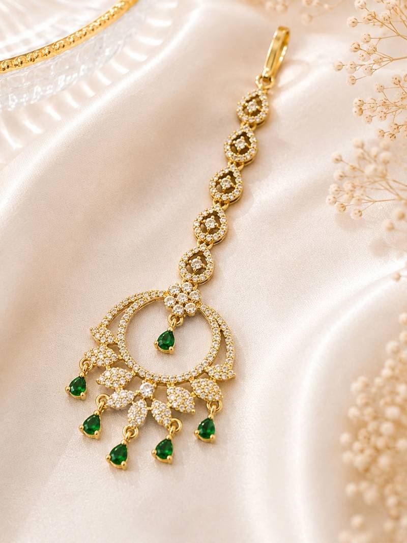Mehendi gold oxidsed plated green american diamond maang tikka