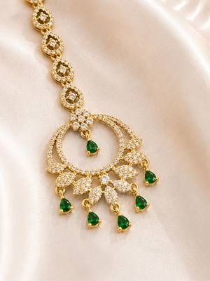 Mehendi gold oxidsed plated green american diamond maang tikka 4