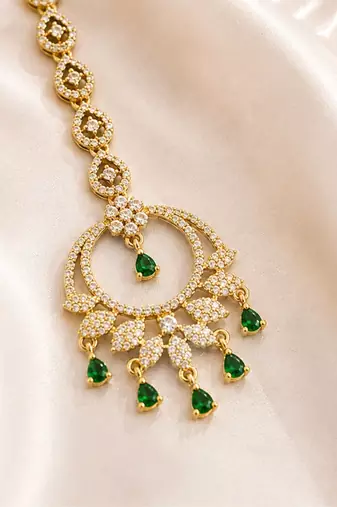 Mehendi gold oxidsed plated green american diamond maang tikka