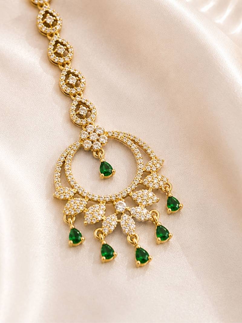 Mehendi gold oxidsed plated green american diamond maang tikka