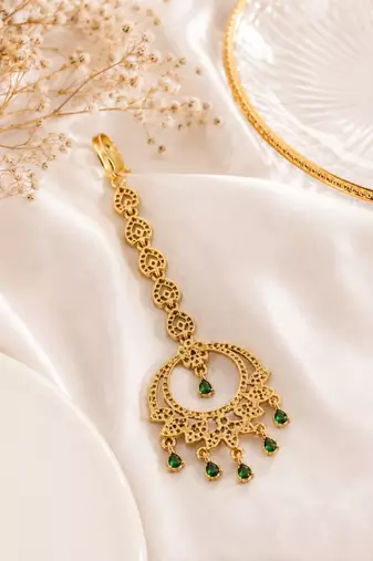 Mehendi gold oxidsed plated green american diamond maang tikka
