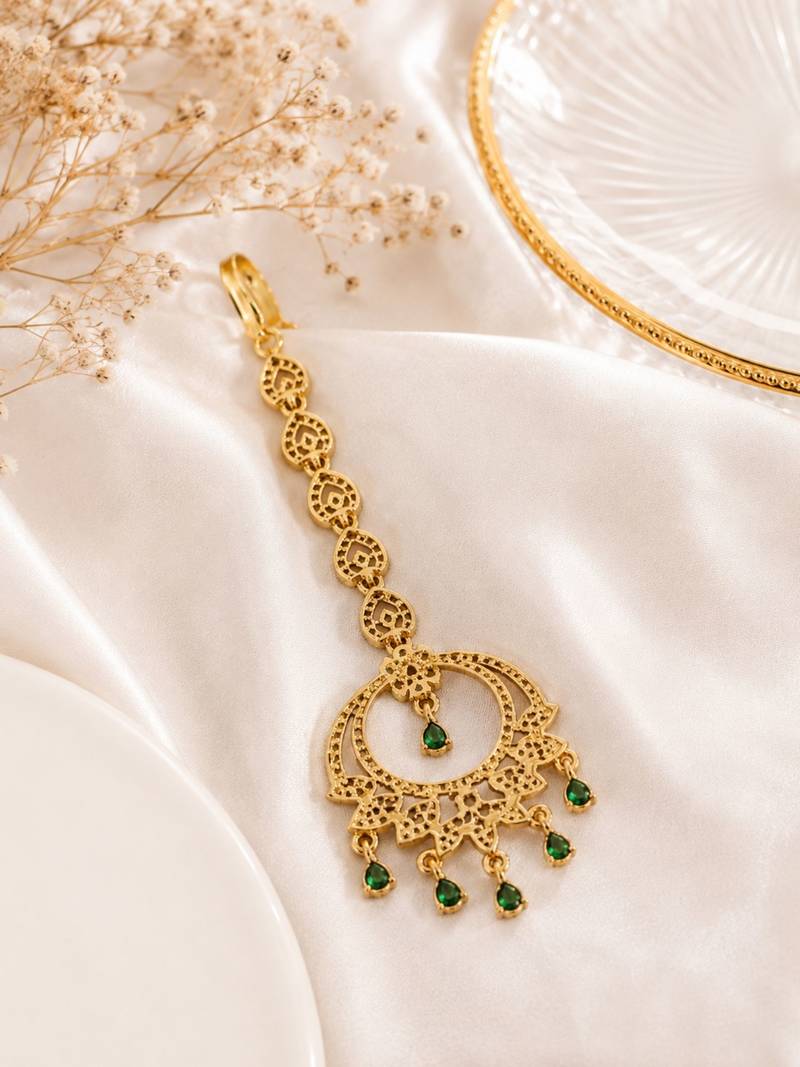 Mehendi gold oxidsed plated green american diamond maang tikka