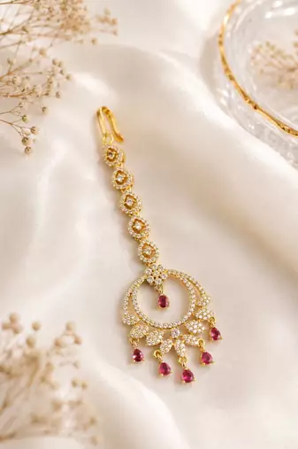 Mehendi gold oxidsed plated red american diamond maang tikka