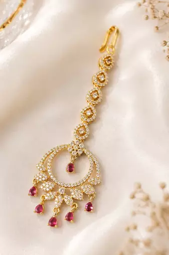 Mehendi gold oxidsed plated red american diamond maang tikka