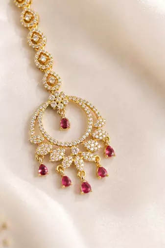 Mehendi gold oxidsed plated red american diamond maang tikka
