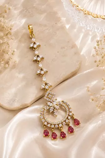 Mehendi gold oxidsed plated red american diamond maang tikka