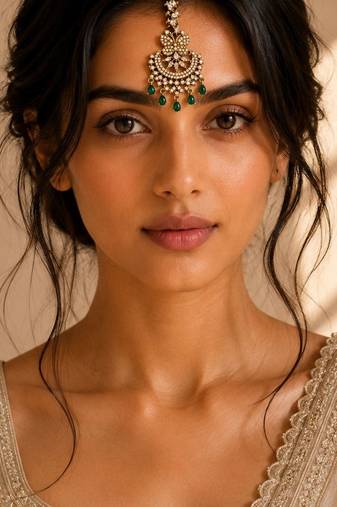 Mehendi gold oxidsed plated green american diamond maang tikka