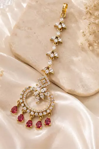 Mehendi gold oxidsed plated red american diamond maang tikka