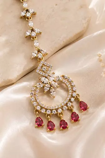Mehendi gold oxidsed plated red american diamond maang tikka