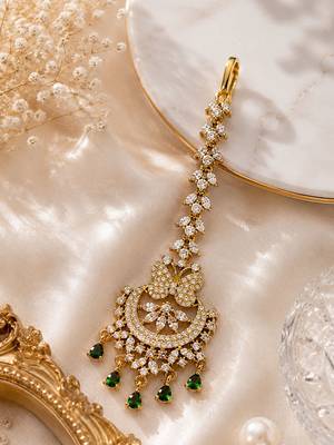 Mehendi gold oxidsed plated green american diamond maang tikka 2
