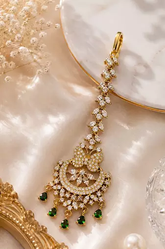 Mehendi gold oxidsed plated green american diamond maang tikka