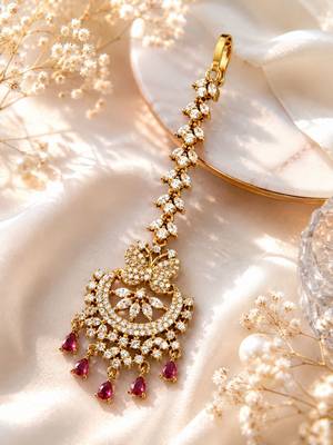 Mehendi gold oxidsed plated red american diamond maang tikka 2