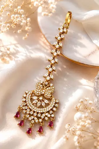 Mehendi gold oxidsed plated red american diamond maang tikka