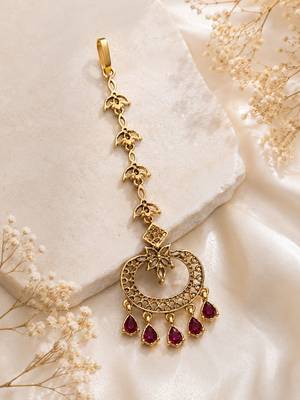 Mehendi gold oxidsed plated red american diamond maang tikka 5