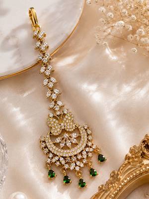 Mehendi gold oxidsed plated green american diamond maang tikka 3