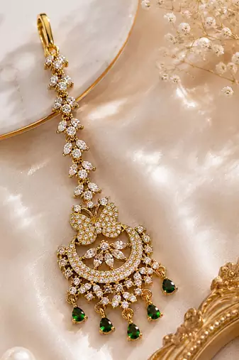 Mehendi gold oxidsed plated green american diamond maang tikka