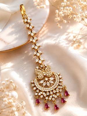 Mehendi gold oxidsed plated red american diamond maang tikka 3
