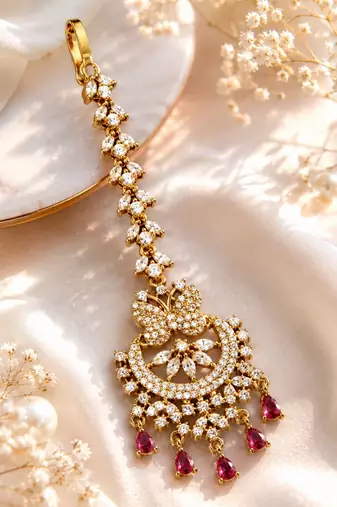 Mehendi gold oxidsed plated red american diamond maang tikka