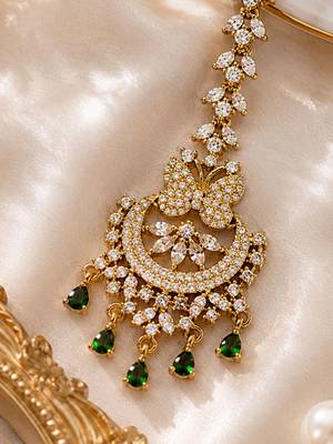 Mehendi gold oxidsed plated green american diamond maang tikka 4