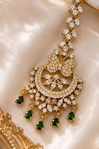 Mehendi gold oxidsed plated green american diamond maang tikka