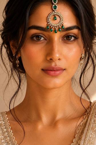 Mehendi gold oxidsed plated green american diamond maang tikka